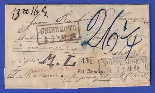 Preußen Brief mit Zweizeiler-Stempel GNIEWKOWO und NORDHAUSEN