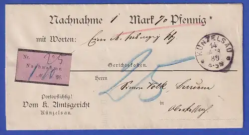 Württemberg Nachnahme-Quittung über Gerichtskosten mit Rund-O KÜNZELSAU 1888