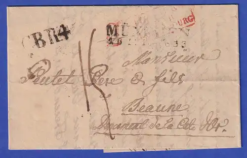 Bayern Brief mit Zweizeiler MÜNCHEN, Rayon-Stp. CBR4, BAVIÉRE STRASB. rot 1833