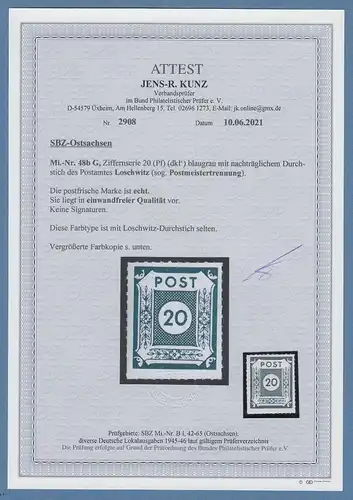SBZ Ost-Sachsen Postmeistertrennung Loschwitz 20Pfg b-Farbe Mi.-Nr. 48bG Attest 