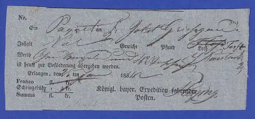 Bayern Paketschein von Erlangen vom 25. Januar 1842