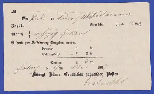 Bayern Einlieferungsschein eines Pakets für die Fahrpost 1867, O Erding