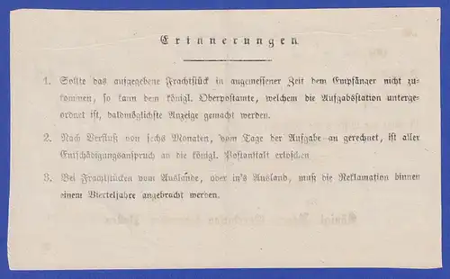 Bayern Einlieferungsschein eines Pakets für die Fahrpost 1867, O Erding