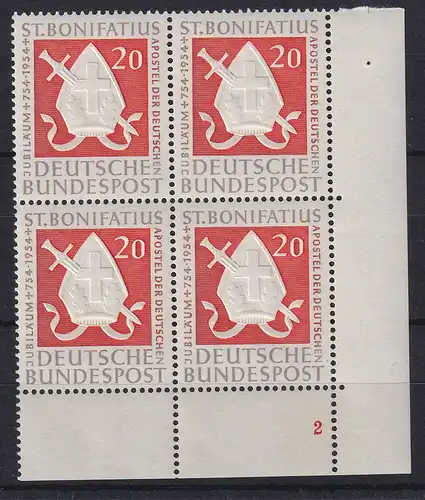 Bundesrepublik 1954 St.Bonifatius Mi.-Nr.199 Eckrand-4erblock UR Formnummer 2 **