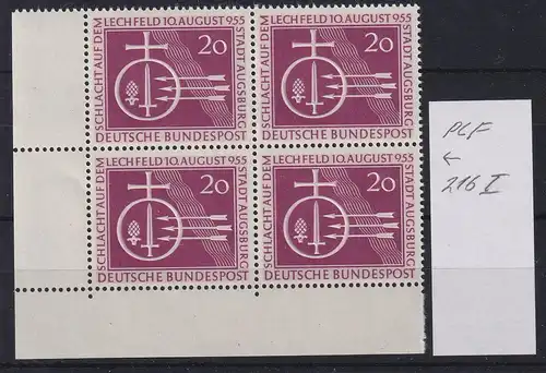 Bundesrepublik 1955 Lechfeld Mi.-Nr. 216 I Plattenfehler Eckrandviererbl. UL **