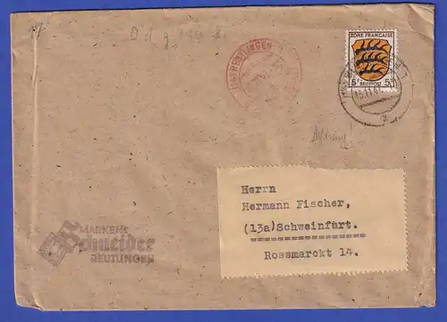 Franz. Zone Brief aus Reutlingen 15.11.47, teilweise Barfrankatur Gebühr bezahlt