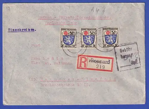 Franz. Zone R-Brief aus BOPPARD, 3x 24 Pfg Wappen, 12Pfg Gebühr bezahlt 31.8.46