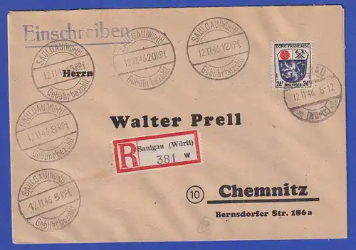 Franz. Zone R-Brief aus SAULGAU, R-Gebühr:  5 versch. Gebühr bezahlt Stempel !