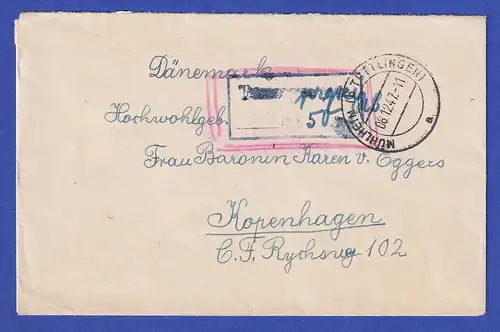 Franz. Zone Brief von Mühlheim b. Tuttlingen nach Dänemark 50Pfg. Geb. bez. 1947
