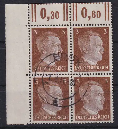 Deutsches Reich 1941 Hitler Mi.-Nr. 782 Eckrandviererblock OL Ersttags-O 1.8.41