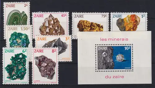 Kongo Zaire 1983 Mineralien Mi.-Nr. 803-810 und Block 46 postfrisch **