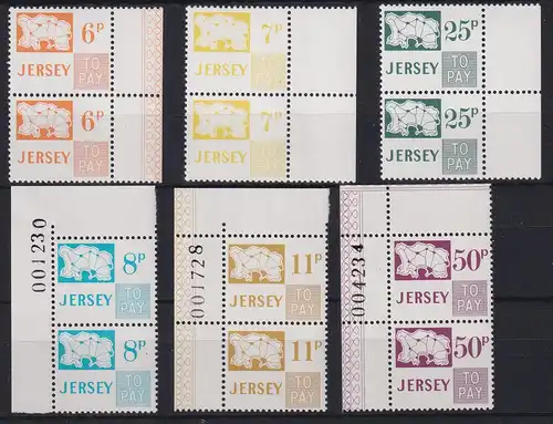 Jersey 1974 Portomarken Mi.-Nr. 15-20 senkr. Seiten- und Eckrandpaare **