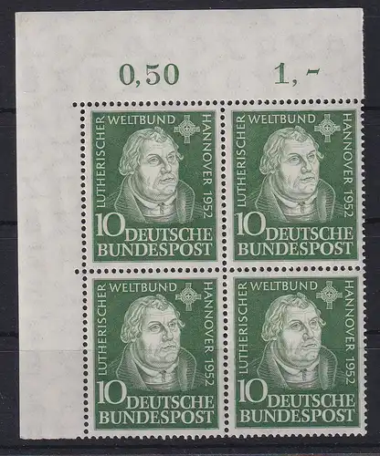 Bundesrepublik 1952 Martin Luther, Mi.-Nr. 149 Eckrandviererblock OL **