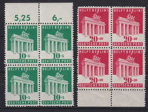 Bizone 1949 Berlin-Hilfe Mi.-Nr. 101-102 Ober- und Unterrand-Viererblocks **