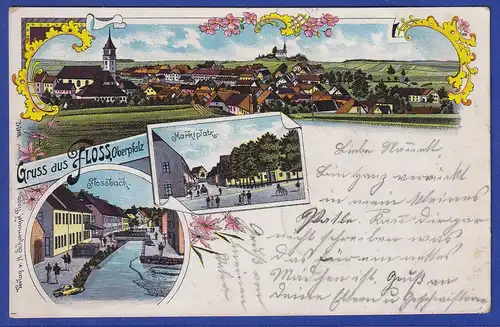 AK Gruss aus Floss/Oberpfalz, Ortsansicht, Marktplatz, Flossbach, gelaufen 1898?