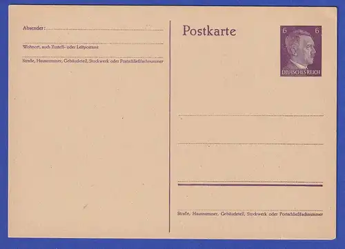 Deutsches Reich Ganzsache Postkarte 6 Pf Hitler Mi.-Nr. P 299 I ungebraucht *