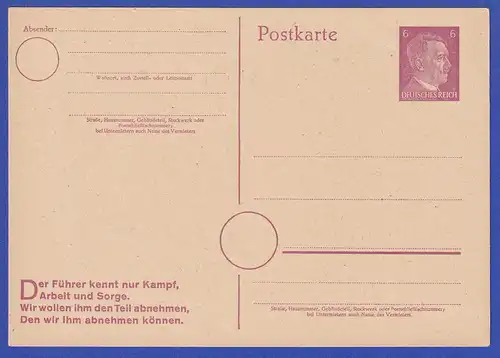 Deutsches Reich Ganzsache Postkarte 6 Pf Hitler Mi.-Nr. P 314 II a ungebraucht *