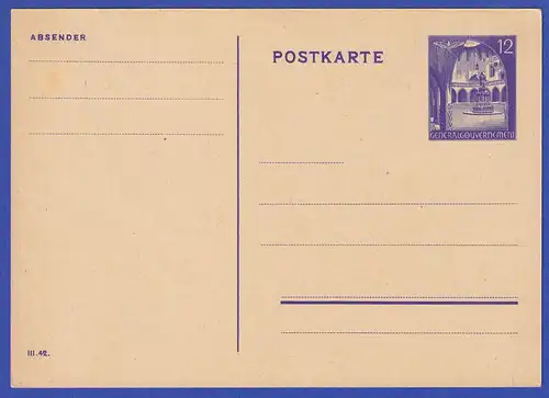 Generalgouvernement Ganzsache Postkarte 12 Pf lila Mi.-Nr. P12 03 ungebraucht *