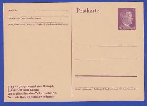 Deutsches Reich Ganzsache Postkarte 6 Pf Hitler Mi.-Nr. P 312 09 ungebraucht *
