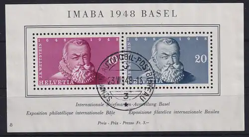 Schweiz 1948 Briefmarkenausstellung Basel Mi.-Nr. Block 13 mit Sonderstempel 