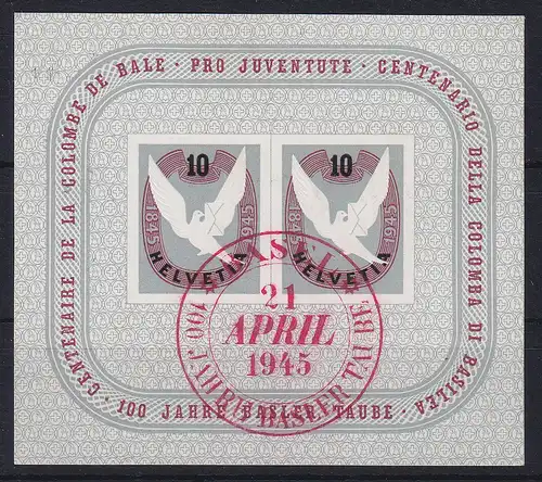 Schweiz 1945 100 Jahre Basler Taube Mi.-Nr. Block 12 mit Sonderstempel 