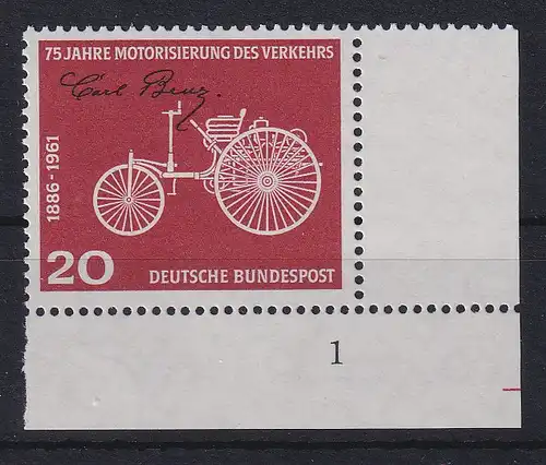 Bundesrepublik 1961 Benz-Wagen Mi-Nr. 364 Eckrandstück mit Formnummer 1 **