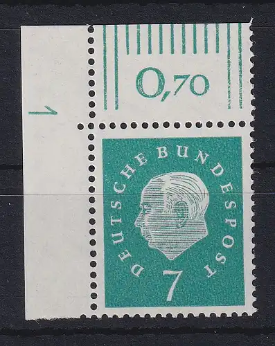 Bundesrepublik 1959 Heuss 7Pfg Mi-Nr. 302 Ecke OL mit Druckerzeichen 1 **