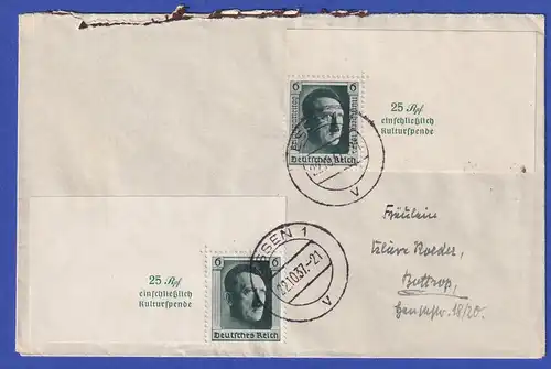 Dt. Reich 1937 Einzelmarken aus Hitler-Blocks Mi.-Nr. 648 und 650 MIF auf Brief