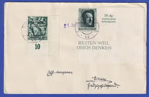 Dt. Reich 1937 Einzelmarke aus Hitler-Block, Mi.-Nr. 648 MIF auf Brief 