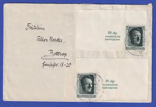 Dt. Reich 1937 Einzelmarke aus Hitler-Block Mi.-Nr. 648 MEF auf Brief