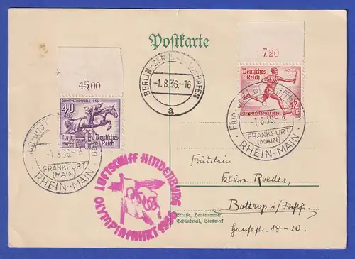 Dt. Reich Zeppelin-Karte LZ 129 Olympiafahrt 1.8.1936 gelaufen nach Bottrop