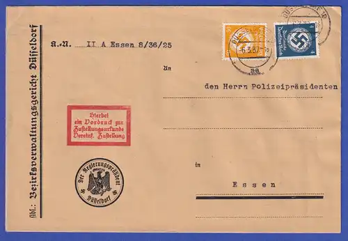 Dt. Reich 1937 Dienstmarken 2 Werte auf Zustellungsurkunde, Stempel DÜSSELDORF