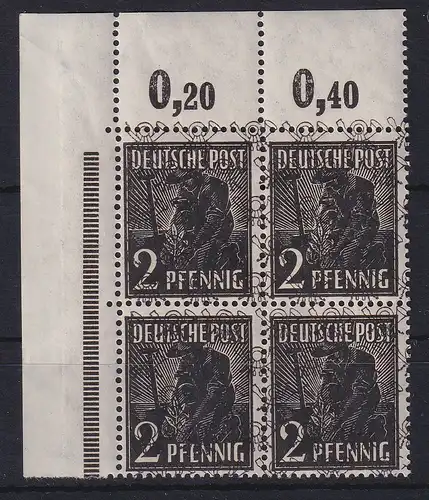 Bizone Arbeiter 2 Pf Netzaufdruck Mi.-Nr. 41 Ia Eckrandviererblock OL POR dgz **