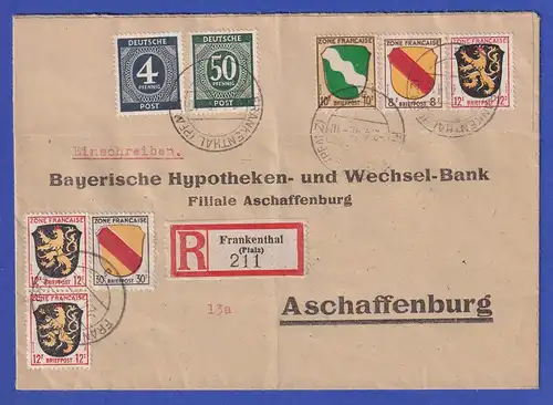 Franz. Zone MIF Wappen (u.a. 10Pfg) / Ziffern auf R-Brief aus Frankenthal 2.4.46