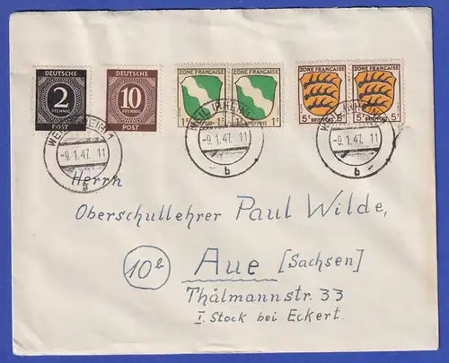 Franz. Zone MIF Wappen  / Ziffern auf Brief aus Weil am Rhein 9.1.47