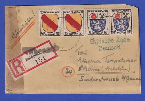 Franz. Zone Wappen 24 / 30 Pfg je waag. Paar auf R-Brief(auschnitt) aus Rübenach