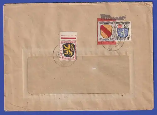 Franz. Zone Wappen 3 / 15 / 30 Pfg auf Doppelbrief mit Not-O Rübenach