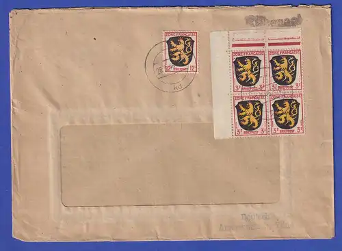 Franz. Zone Wappen 3Pfg Viererblock in MIF auf Doppelbrief mit Not-O Rübenach
