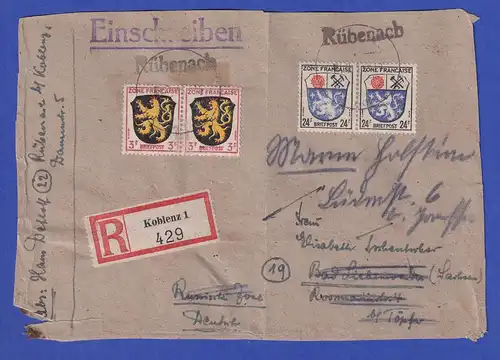 Franz. Zone Wappen 24 / 3 Pfg je waag. Paar auf R-Brief(auschnitt) aus Rübenach