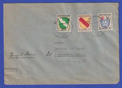 Franz. Zone Wappen MIF auf Brief aus Rübenach mit Orts-Notstempel. 