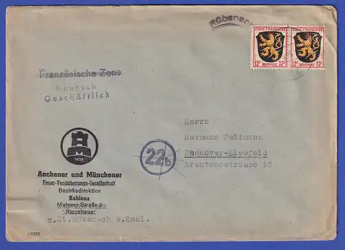 Franz. Zone Wappen 12 Pfg waag. Paar auf Brief aus Rübenach mit Orts-Notstempel