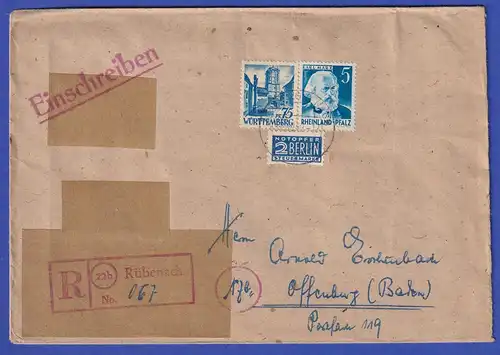 Franz. Zone 1949 R-Brief aus Rübenach nach Offenburg