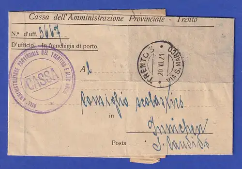 Italien Dienstbrief mit Rundstempel TRENTO 3, 1921