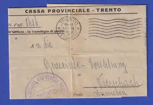 Italien Dienstbrief mit Rundstempel TRENTO 1922