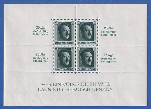 Dt. Reich 1937 Hitler-Kulturspende Mi-Nr. Block 9 **, Top-Qualität !
