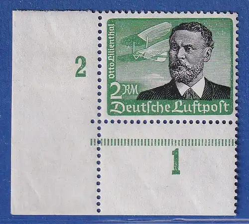 Dt. Reich 1934 Lilienthal 2RM einwandfrei ** aus der linken unteren Bogenecke 