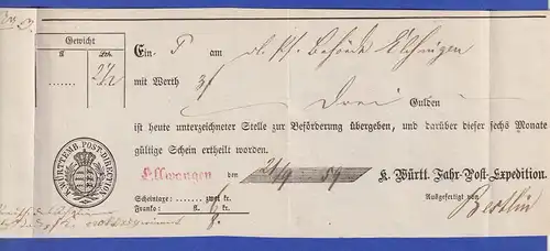 Württemberg Einlieferungsschein zur K. Württ. Fahrpost, Ellwangen 21.9.1859