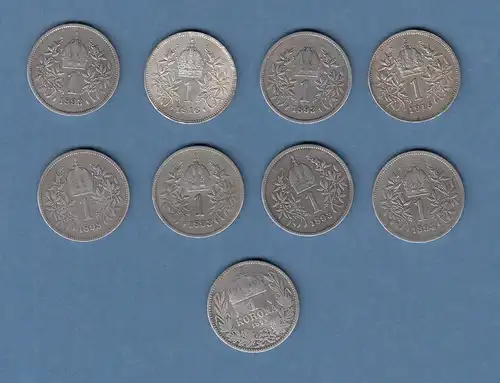 Ungarn Franz Joseph I. Lot 9 alte Silbermünzen 1 Krone / Korona 1893-1916