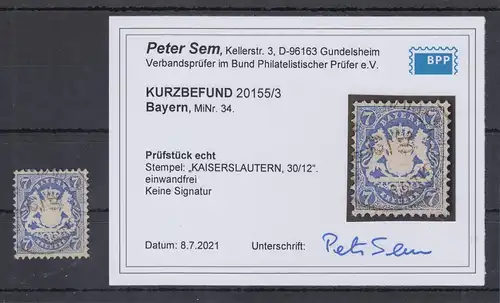 Bayern Wappen 7 Kreuzer Wz. Wellen Mi.-Nr. 34 O Kaiserslautern, Befund Sem BPP