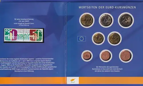 Zypern Euro-Kursmünzensatz und Briefmarken zur Euro-Einführung 2008